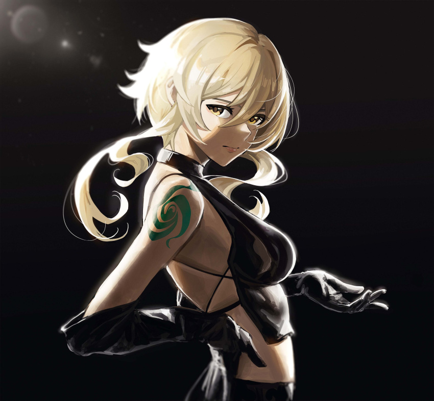 1girl absurdres bangs bare_shoulders black_background black_gloves blonde_hair breasts closed_mouth cozyu elbow_gloves from_side genshin_impact gloves hair_between_eyes highres large_breasts looking_at_viewer looking_to_the_side lumine_(genshin_impact) medium_hair solo yellow_eyes