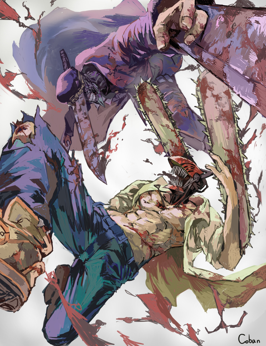 2boys abs absurdres artist_name black_coat blood blood_from_mouth blood_on_hands blood_on_weapon chainsaw chainsaw_man coat collared_shirt denji_(chainsaw_man) facing_another hat highres hsyqzvzuv8li377 hybrid katana katana_man_(chainsaw_man) midair military_hat multiple_boys muscular muscular_male open_clothes open_mouth pants sharp_teeth shirt simple_background sword teeth torn_clothes torn_pants weapon white_background white_shirt