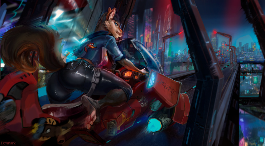 anthro biker biker_jacket butt canid canine canis city city_background cityscape clothing cyberpunk deymark emblem female freeway hi_res highway jacket legend_of_ahya logo mammal motorcycle murana_wolford_(darkflame-wolf) night pawpads paws solo speed_lines topwear vehicle wolf