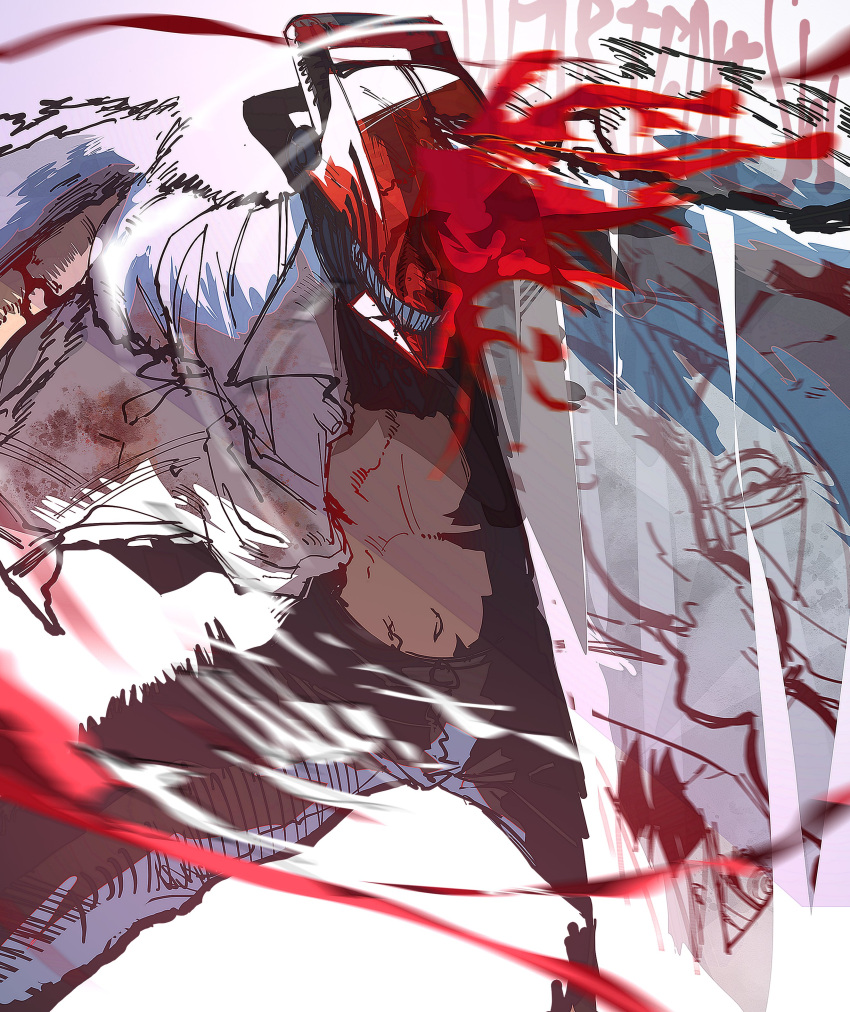 1boy 1girl absurdres black_pants blood blood_on_clothes blood_on_weapon blood_spray chainsaw chainsaw_man collared_shirt d1thorneberry denji_(chainsaw_man) facing_viewer highres limited_palette looking_at_viewer makima_(chainsaw_man) motion_lines no_eyes open_clothes pants reflection ringed_eyes sharp_teeth shirt simple_background solo_focus speed_lines teeth weapon white_background white_shirt