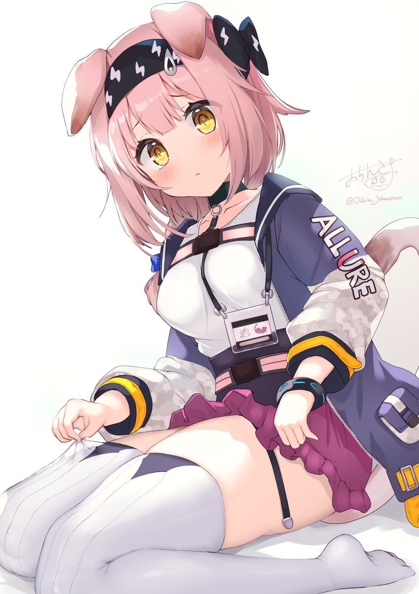 1girl absurdres animal_ears arknights black_hairband blue_bow blue_jacket blush bow braid breasts brown_eyes cat_ears cat_girl cat_tail closed_mouth commentary_request goldenglow_(arknights) gradient gradient_background grey_background hair_bow hairband highres jacket lightning_bolt_print long_hair long_sleeves looking_at_viewer medium_breasts no_shoes ochinsama open_clothes open_jacket pink_hair print_hairband puffy_long_sleeves puffy_sleeves purple_skirt shirt signature single_braid sitting skirt solo tail thighhighs twitter_username wariza white_background white_shirt white_thighhighs yellow_eyes