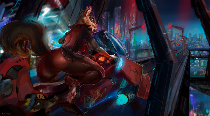 anthro biker butt canid canine canis city city_background cityscape cyberpunk deymark female freeway hi_res highway legend_of_ahya mammal mask motorcycle murana_wolford_(darkflame-wolf) night pawpads paws solo speed_lines vehicle vigilante wolf