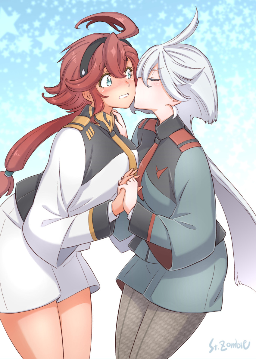 2girls ahoge asticassia_school_uniform blush closed_eyes dark-skinned_female dark_skin gundam gundam_suisei_no_majo hairband highres holding_hands kiss kissing_cheek miorine_rembran multiple_girls necktie red_hair school_uniform studiozombie suletta_mercury twitter_username white_hair yuri