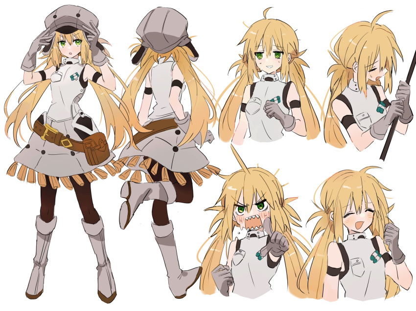 1girl @_@ ahoge artoria_caster_(fate) artoria_caster_(first_ascension)_(fate) artoria_pendragon_(fate) bangs belt belt_bag black_pantyhose blonde_hair blush breasts brown_belt buttons closed_eyes closed_mouth fate/grand_order fate_(series) fur_hat gloves green_eyes grey_footwear grey_gloves grey_headwear hair_between_eyes hat highres holding holding_weapon long_fall_boots long_hair looking_at_viewer multiple_views namiharuru open_mouth packet pantyhose small_breasts smile teeth twintails ushanka vest weapon white_background white_vest