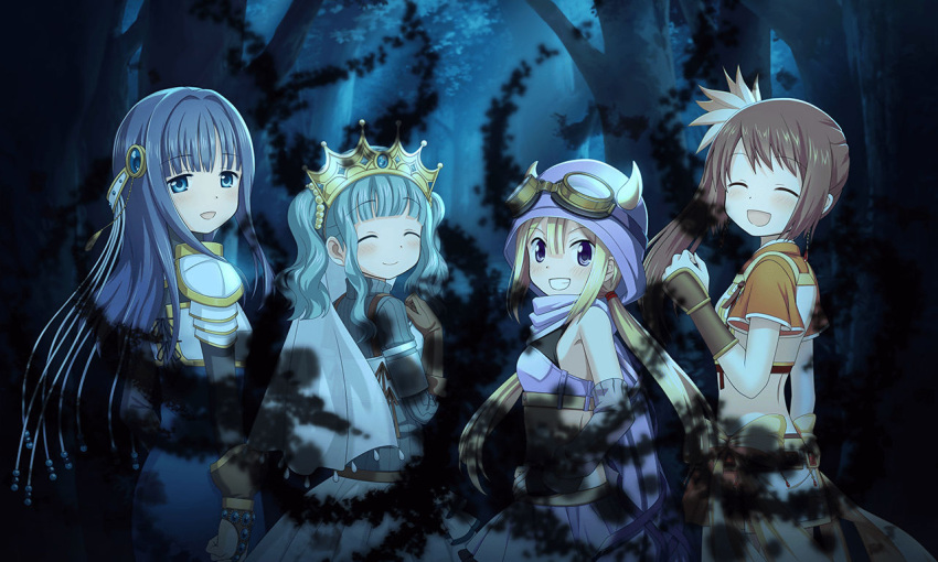 4girls :d aqua_gemstone aqua_hair aqua_sweater arm_at_side arm_warmers armor bangs beads black_gloves blonde_hair blue_background blue_dress blue_eyes blue_gemstone blue_hair blunt_bangs blush bow breastplate bridal_gauntlets brown_gloves brown_hair closed_mouth corruption crop_top crown detached_sleeves dot_nose dress earrings facing_back facing_viewer fingerless_gloves fold-over_gloves from_behind futaba_sana game_cg gauntlets gem gloves grey_shirt grin hair_between_eyes hair_intakes hand_on_hip hand_on_own_chest hand_up headdress jewelry long_hair long_sleeves looking_at_viewer looking_back low_twintails magia_record:_mahou_shoujo_madoka_magica_gaiden magical_girl mahou_shoujo_madoka_magica medium_hair miniskirt mitsuki_felicia multiple_girls nanami_yachiyo official_art open_mouth orange_shirt purple_eyes purple_hood purple_scarf purple_shirt purple_skirt purple_sleeves red_gemstone ribbed_sweater scarf shirt short_sleeves side-tie_skirt side_ponytail sidelocks skirt sleeveless sleeveless_shirt smile spoilers sweater swept_bangs tassel turtleneck turtleneck_sweater twintails upper_body veil very_long_hair waist_cape wavy_hair white_armor yellow_bow yui_tsuruno