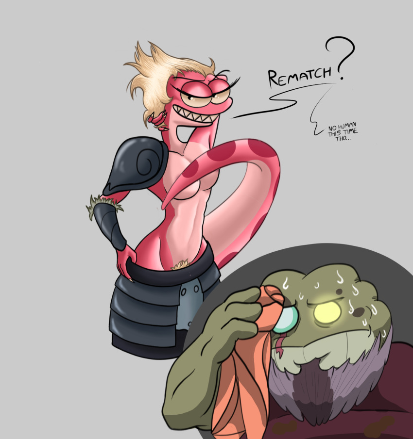 2022 amphibia_(series) amphibian anonymous_artist anthro beard blonde_hair bodily_fluids breasts captain_grime clothing covering covering_breasts dialogue disney duo english_text facial_hair fangs female frog general_yunan grey_background hair hi_res looking_at_another looking_at_partner male meme newt pose pubes salamander_(amphibian) seductive simple_background smile solo sweat text toad_(frog) undressing unknown_artist wiping_forehead wiping_sweat