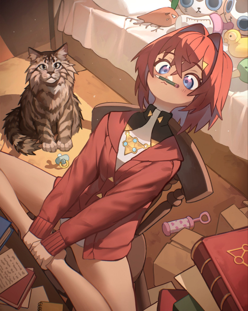 1girl ange_katrina blue_eyes book bottomless cardigan cat hair_between_eyes hair_intakes hair_ornament hairclip highres nijisanji pacifier pencil rattle red_cardigan red_hair short_hair sitting solo theamazingspino virtual_youtuber