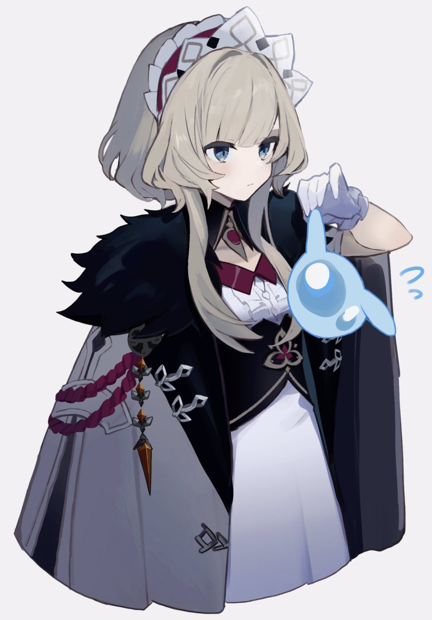 1girl aiguillette blonde_hair blue_eyes cape dress ear_pull expressionless flying_sweatdrops fur_trim genshin_impact gloves grey_cape headdress highres merry-san sandrone_(genshin_impact) seelie_(genshin_impact) short_hair_with_long_locks simple_background solo sweat upper_body white_background white_dress white_gloves