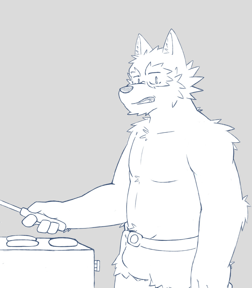 absurd_res anthro bottomwear bottomwear_only canid canine canis clothed clothing cutoffs denim denim_clothing elbow_tuft grill grilling hi_res male mammal mrjosh47 password_(visual_novel) pubes shorts shoulder_tuft solo spatula talking_to_another tools topless tuft tyson_(password) wolf