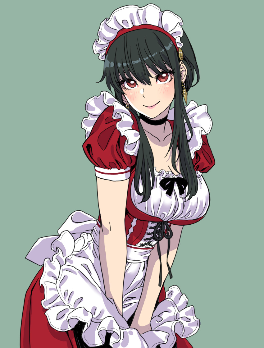 1girl absurdres apron black_hair breasts dress earrings green_background highres jewelry long_hair long_sleeves maid maid_apron maid_headdress red_dress red_eyes smile solo spy_x_family white_apron yamashita_shun'ya yor_briar