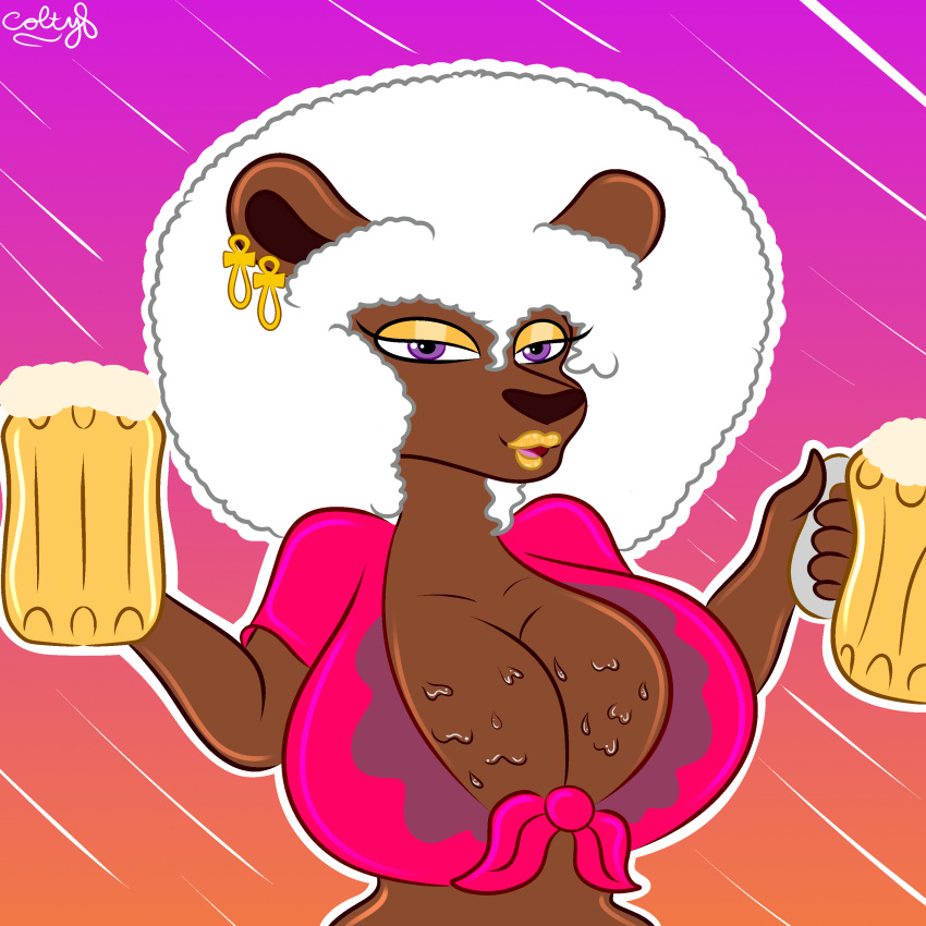 absurd_res afro alcohol anthro beer beverage breasts colty8 ear_piercing ear_ring felid female hi_res katia_(colty8) lion lips mammal pantherine piercing ring_piercing solo