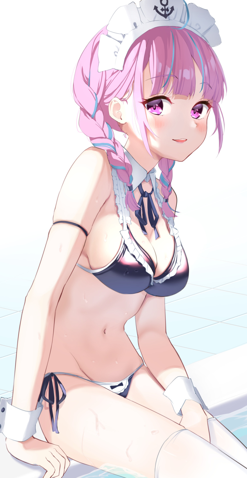 1girl absurdres ahoge anchor_symbol bikini blue_hair braid colored_inner_hair feeilll french_braid frilled_swimsuit frills highres hololive looking_at_viewer maid_headdress minato_aqua multicolored_hair navel pink_hair purple_eyes side-tie_bikini_bottom simple_background skindentation smile solo streaked_hair swimsuit thighhighs twin_braids two-tone_hair virtual_youtuber white_background wrist_cuffs