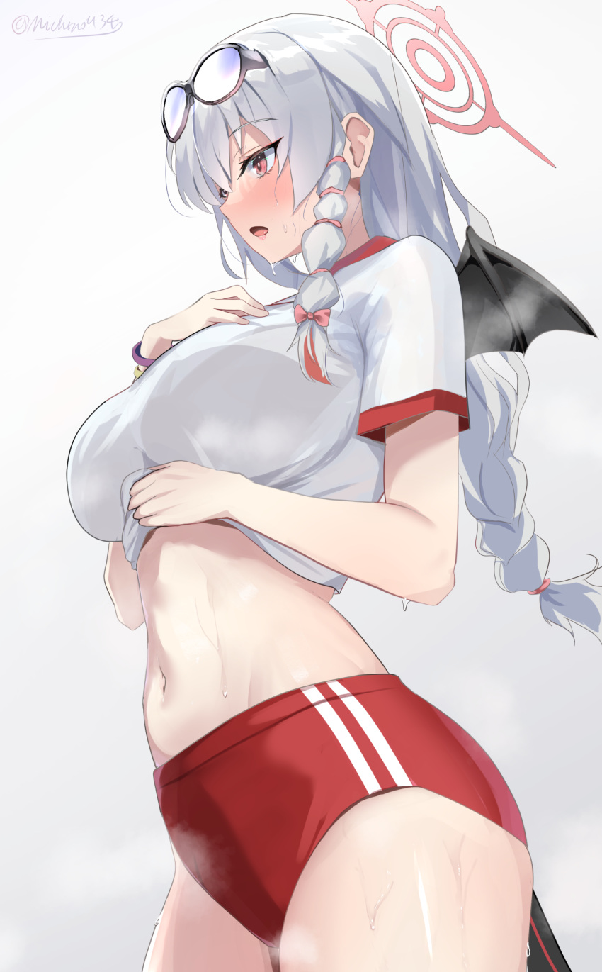 1girl absurdres bat_wings blue_archive blush braid braided_ponytail breasts buruma eyewear_on_head gradient gradient_background grey_background gym_uniform halo haruna_(blue_archive) highres large_breasts long_hair michinoku_(michino934) midriff navel open_mouth outdoors red_buruma red_eyes short_sleeves single_braid solo steaming_body stomach sunglasses sweat thighs twitter_username white_hair wings