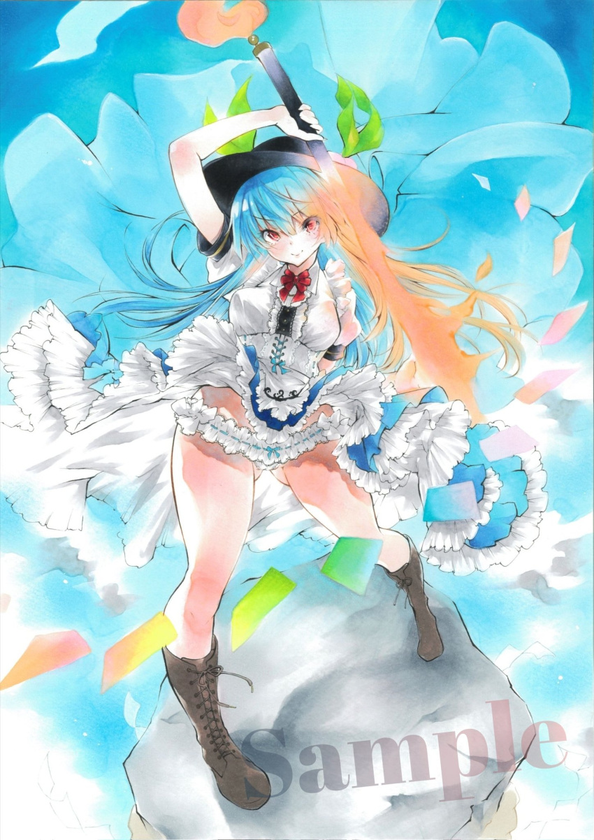 1girl arim0k0 ass_visible_through_thighs black_headwear blue_background blue_hair boots bottomless bow bowtie breasts brown_footwear food frills fruit full_body highres hinanawi_tenshi holding holding_sword holding_weapon keystone leaf long_hair looking_at_viewer medium_breasts peach rainbow_order red_bow red_bowtie red_eyes sample_watermark solo standing sword sword_of_hisou touhou weapon