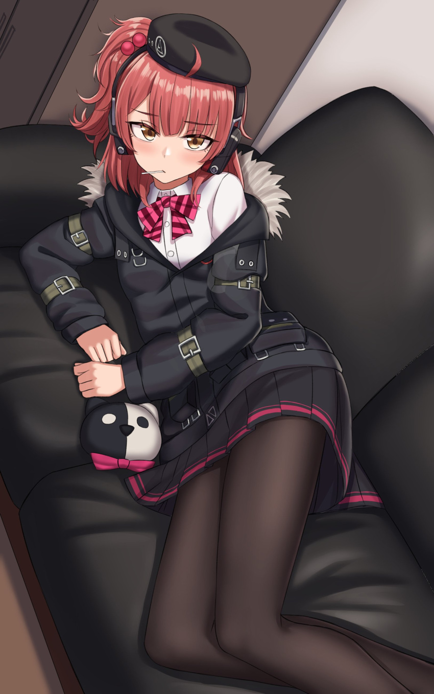 1girl absurdres ahoge beret blush commission couch girls'_frontline hat highres mp7_(girls'_frontline) pantyhose pleated_skirt red_hair skirt solo yakob_labo yellow_eyes