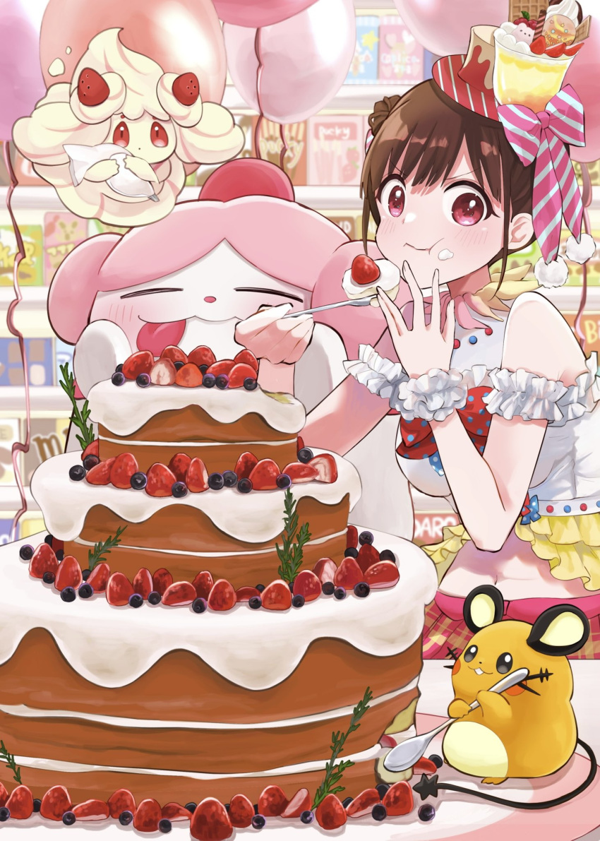 19_okeke 1girl 3others :t alcremie balloon blueberry blush breasts brown_hair cake cream_puff crossover dedenne dress eating food fruit hat highres holding holding_spoon idolmaster idolmaster_shiny_colors looking_at_viewer medium_breasts mini_hat multiple_others navel off-shoulder_dress off_shoulder pastry_bag pocky pokemon pokemon_(creature) red_eyes slurpuff sonoda_chiyoko spoon strawberry