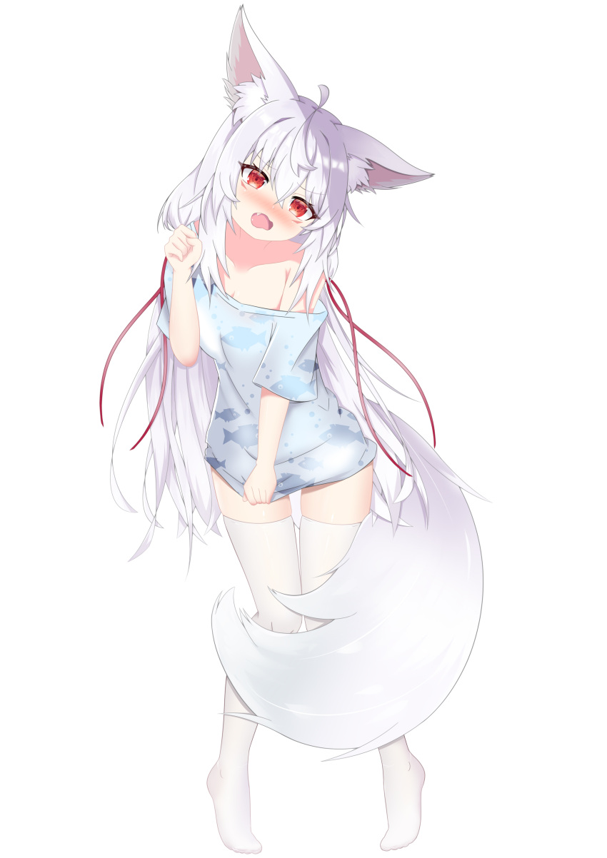 1girl absurdres animal_ear_fluff animal_ears bare_shoulders blush character_request copyright_request embarrassed fang fox_ears fox_girl fox_tail full_body highres long_hair off-shoulder_shirt off_shoulder red_eyes shiroi_awa_sakana shirt shirt_tug short_sleeves simple_background tail thighhighs very_long_hair virtual_youtuber white_background white_hair white_thighhighs