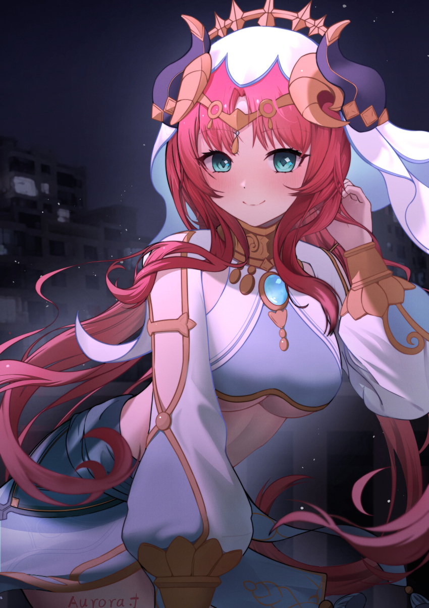 1girl absurdres aqua_eyes artist_name bangs black_background blue_skirt blush breasts brooch building circlet closed_mouth clothing_cutout crop_top floating_hair genshin_impact gold_trim hand_in_own_hair hand_up harem_outfit highres hnbsgy horns jewelry leaning_forward long_hair long_sleeves looking_at_viewer medium_breasts neck_ring nilou_(genshin_impact) puffy_long_sleeves puffy_sleeves red_hair sidelocks skirt smile solo twintails underboob veil