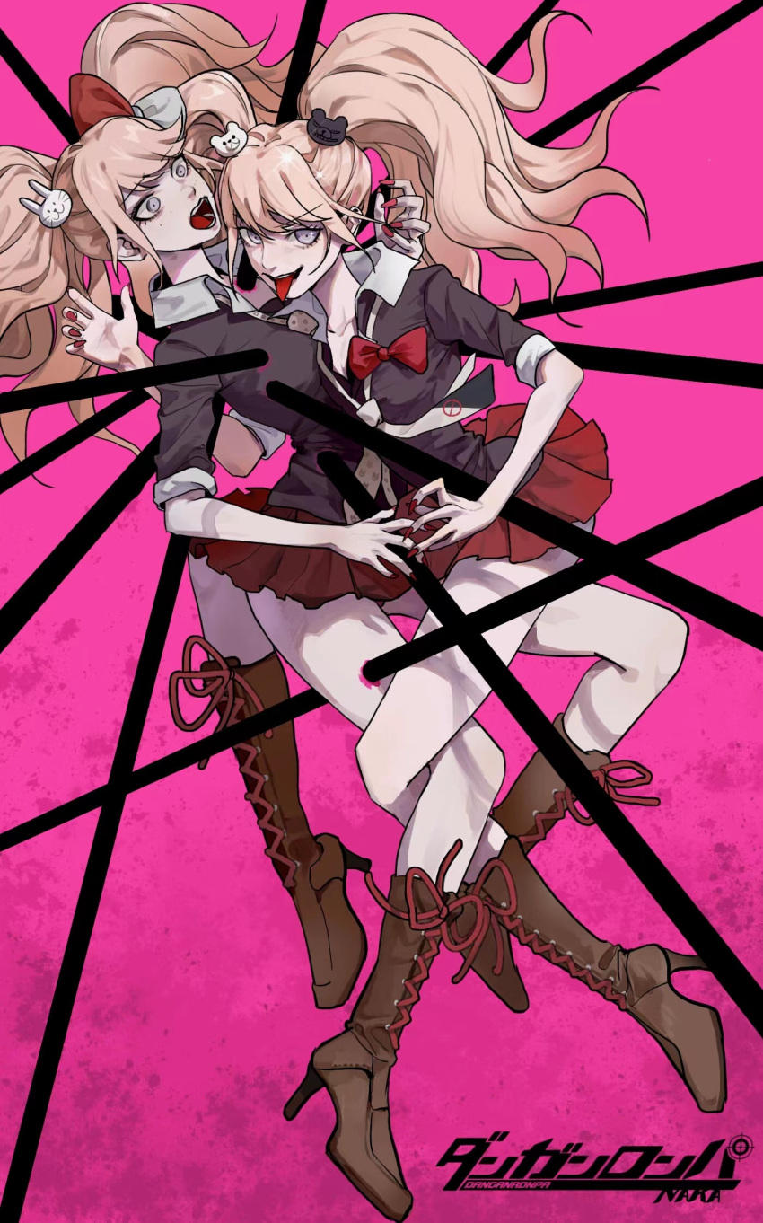 2girls :d bangs bear_hair_ornament black_necktie black_shirt blonde_hair blue_eyes boots bow breasts brown_footwear cleavage collarbone collared_shirt cosplay danganronpa:_trigger_happy_havoc danganronpa_(series) enoshima_junko enoshima_junko_(cosplay) fingernails freckles full_body hair_bow hair_ornament highres ikusaba_mukuro knee_boots long_hair miniskirt multiple_girls nail_polish naka10969 necktie pink_background rabbit_hair_ornament red_bow red_nails red_skirt school_uniform sharp_fingernails shirt siblings simple_background skirt smile spoilers tongue tongue_out twins twintails two-tone_necktie white_necktie