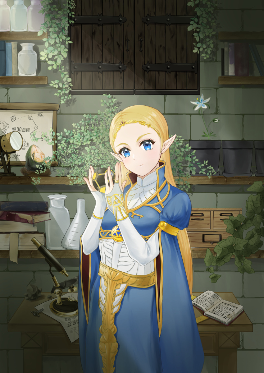 1girl ancient_core ball beaker blonde_hair blue_dress blue_eyes book book_stack desk dress flower gold_trim highres holding holding_ball indoors jar kana_(kkk021109) long_hair microscope plant pointy_ears potted_plant princess_zelda screw shelf solo standing sunlight the_legend_of_zelda very_long_hair