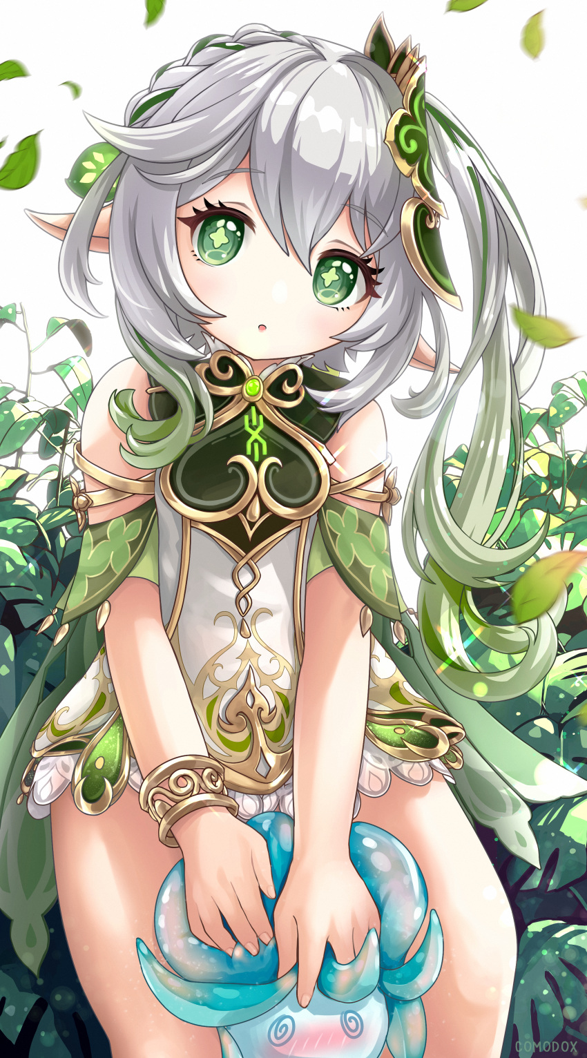 1girl 1other absurdres bangs blush bracelet braid cape character_request commentary_request comodomodo detached_sleeves dress fungi_(genshin_impact) genshin_impact gradient_hair green_eyes grey_background hair_between_eyes hair_ornament head_tilt highres jewelry long_hair looking_at_viewer multicolored_hair nahida_(genshin_impact) parted_lips plant pointy_ears short_sleeves side_ponytail sidelocks single_braid sitting symbol-shaped_pupils white_dress