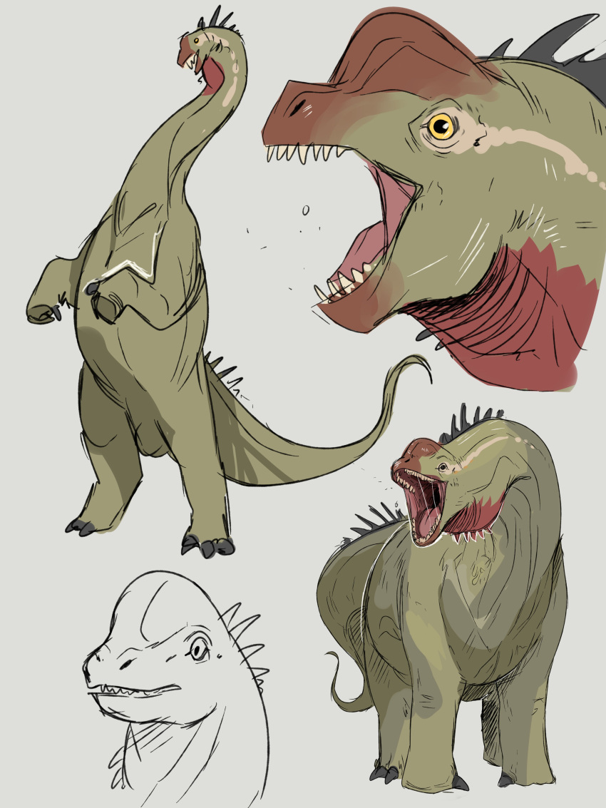 3:4 absurd_res ambiguous_gender bodily_fluids colored_sketch dinosaur feral glistening glistening_eyes green_body green_tail grey_background head_spikes hi_res imperatorcaesar open_mouth quadruped red_body red_tongue reptile saliva saliva_string scalie sharp_teeth simple_background sketch solo spiked_tail spikes spikes_(anatomy) teeth tongue unsigned