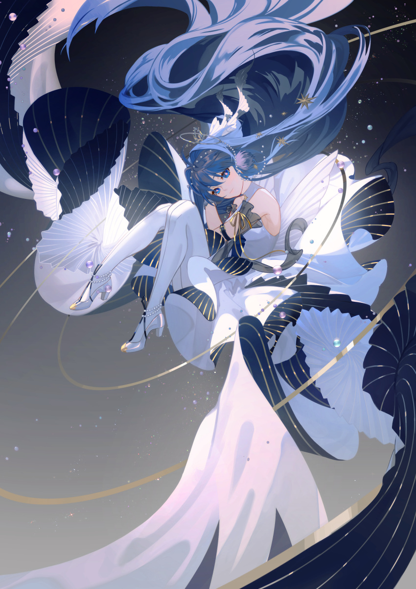 1girl absurdly_long_hair absurdres arknights astesia_(arknights) astesia_(frlibre_on_the_palace)_(arknights) bare_shoulders blue_hair bright_pupils dress floating full_body hair_ornament high_heels highres light_smile long_dress long_hair looking_at_viewer lubusi orbited pantyhose solo very_long_hair white_dress white_pantyhose white_pupils