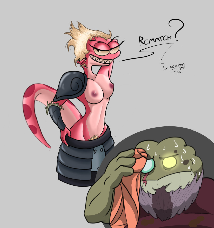 2022 amphibia_(series) amphibian anonymous_artist anthro beard blonde_hair bodily_fluids breasts captain_grime clothing dialogue disney duo english_text facial_hair fangs female frog general_yunan grey_background hair hi_res looking_at_another looking_at_partner male meme newt nipples pose pubes salamander_(amphibian) seductive simple_background smile solo sweat text toad_(frog) undressing unknown_artist wiping_forehead wiping_sweat