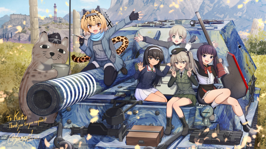 1other 5girls :d aki_(girls_und_panzer) bangs beret black_gloves black_hair black_headwear black_jacket black_necktie black_pantyhose black_ribbon blonde_hair blue_jacket blunt_bangs borrowed_character brown_eyes brown_footwear collared_shirt commentary_request commission dated double_v dress_shirt elefant emblem fingerless_gloves garrison_cap girls_und_panzer gloves green_eyes green_shirt green_skirt grey_sweater ground_vehicle hair_intakes hair_ribbon hairband hat highres jacket japanese_tankery_league_(emblem) keizoku_military_uniform light_brown_hair loafers long_hair long_sleeves looking_at_viewer low_twintails military military_hat military_vehicle motor_vehicle multicolored_hair multiple_girls necktie one_side_up ooarai_military_uniform original pantyhose pleated_skirt purple_eyes purple_hair raglan_sleeves reizei_mako ribbed_sweater ribbon selection_university_military_uniform shimada_arisu shinmai_(kyata) shirt shoes short_hair short_twintails shorts skeb_commission skirt smile starry_night sweater tail tank track_jacket twintails twitter_username two-tone_hair v white_hairband white_shirt white_skirt world_of_tanks