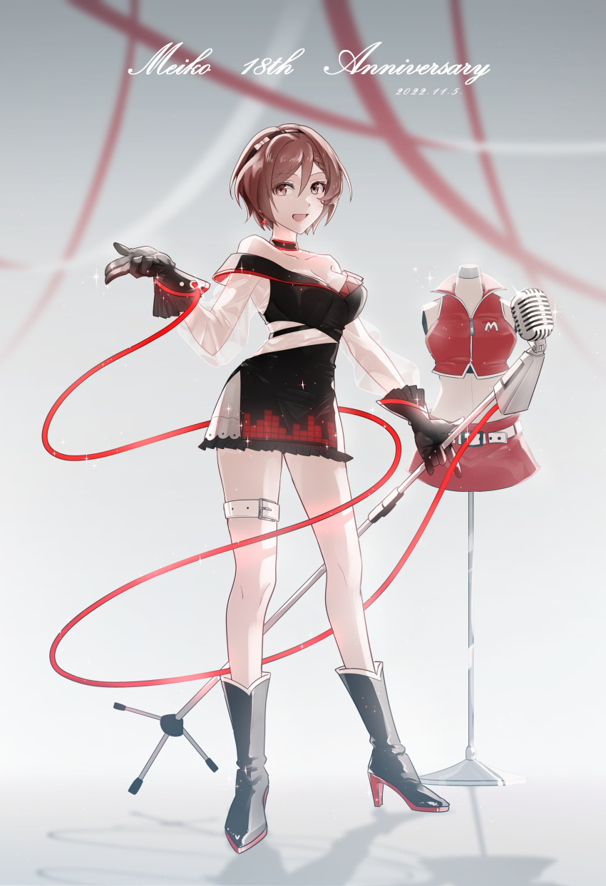 1girl absurdres anniversary bare_shoulders belt black_dress black_footwear black_gloves boots bow bowtie breasts brown_eyes brown_hair character_name choker collarbone commentary dress earrings full_body gloves graphic_equalizer hairband high_heel_boots high_heels highres holding holding_microphone_stand jacket jacket_removed jewelry large_breasts mannequin meiko_(vocaloid) microphone microphone_cord microphone_stand off-shoulder_dress off_shoulder parang_99 see-through see-through_sleeves shadow short_hair skirt skirt_removed solo standing streamers thigh_belt thigh_strap vocaloid white_bow white_bowtie