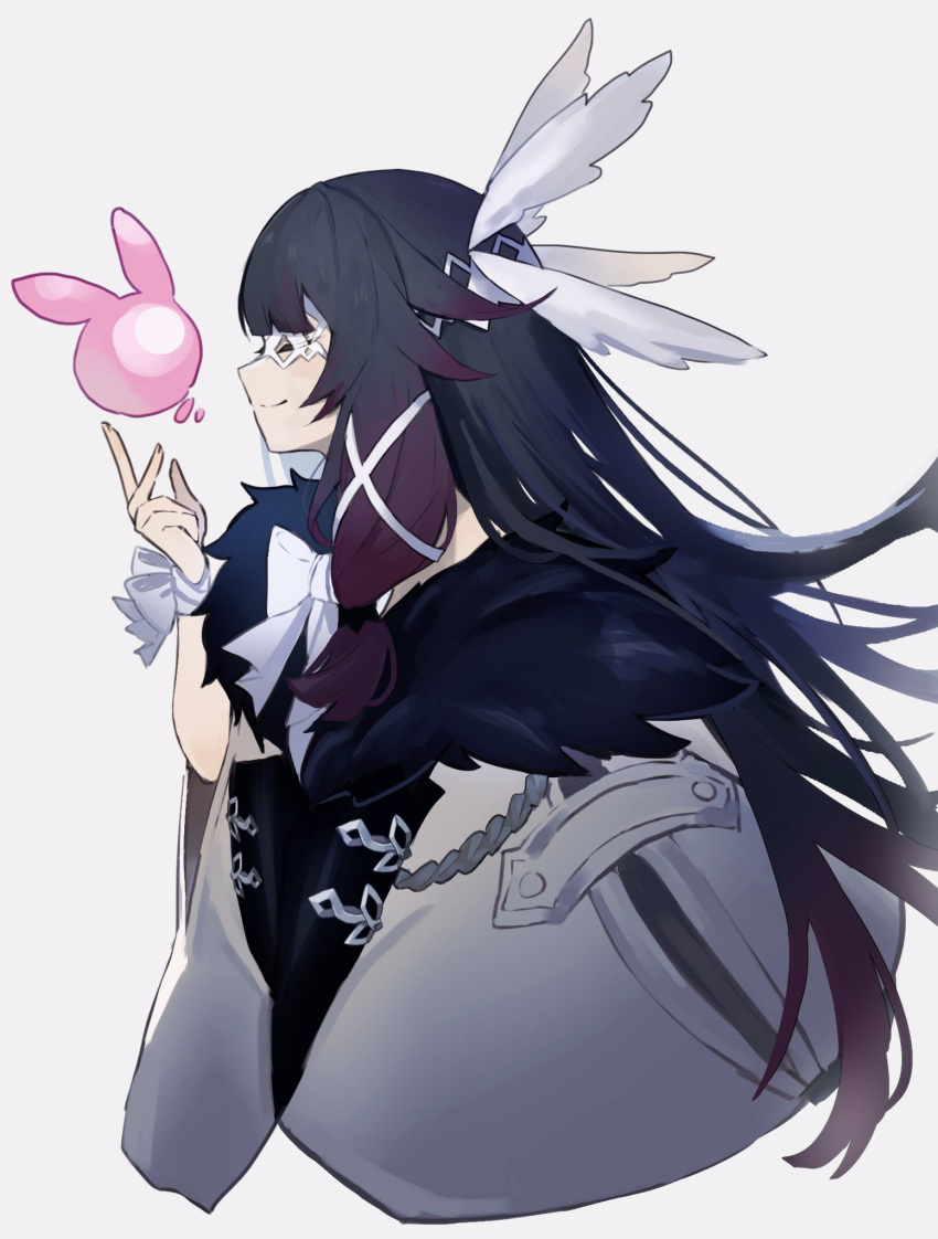 1girl aiguillette black_hair blindfold bow bowtie cape closed_eyes closed_mouth columbina_(genshin_impact) floating from_side fur_trim genshin_impact grey_cape hair_ribbon hairband head_wings highres long_hair merry-san pink_hair ribbon seelie_(genshin_impact) smile solo upper_body very_long_hair white_bow white_bowtie white_hairband white_ribbon