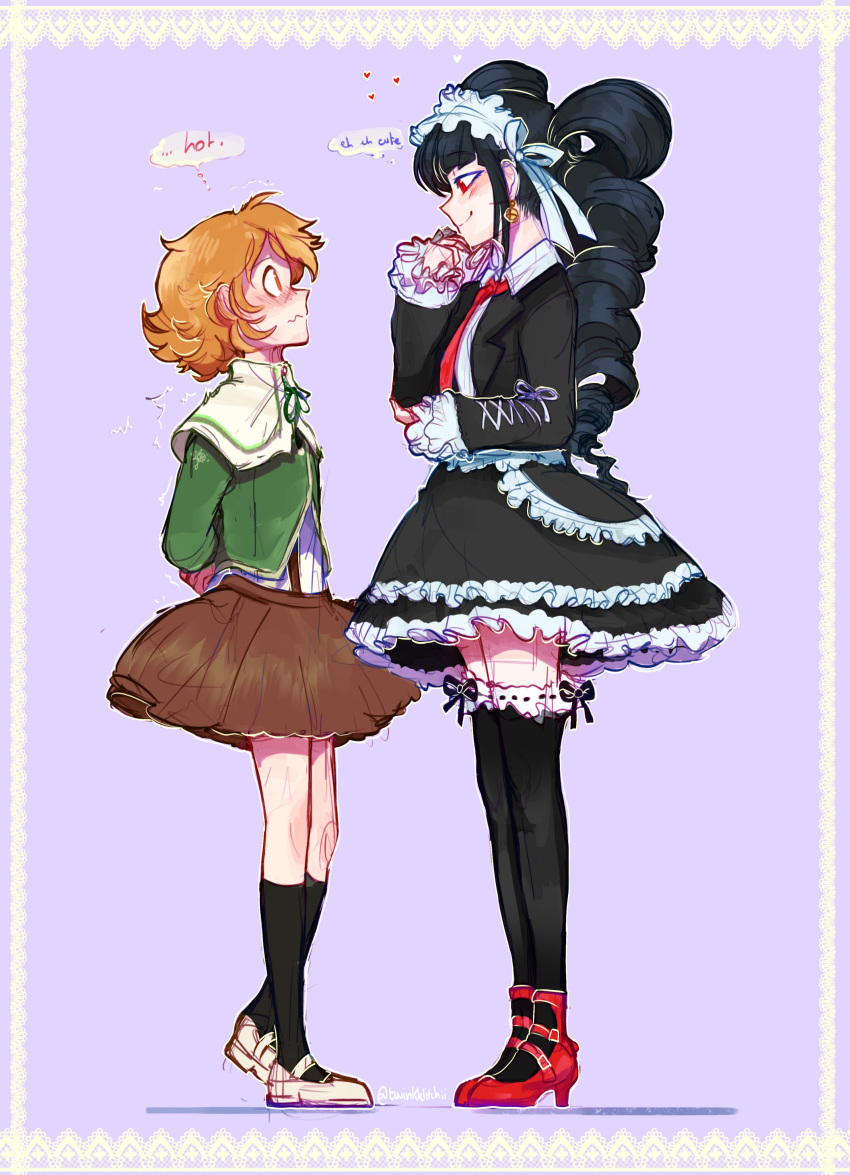 1boy 1girl absurdres bangs black_hair black_jacket black_skirt black_socks black_thighhighs blush brown_hair brown_skirt celestia_ludenberg crossdressing danganronpa:_trigger_happy_havoc danganronpa_(series) drill_hair earrings frilled_skirt frills from_side fujisaki_chihiro full_body green_jacket heart hetero high_heels highres jacket jewelry kneehighs layered_skirt long_hair long_sleeves looking_at_another miniskirt neck_ribbon necktie otoko_no_ko red_footwear red_necktie ribbon shiny shiny_hair shirt shoes skirt socks thighhighs twin_drills twinklelitchii twintails wavy_mouth white_footwear white_shirt zettai_ryouiki