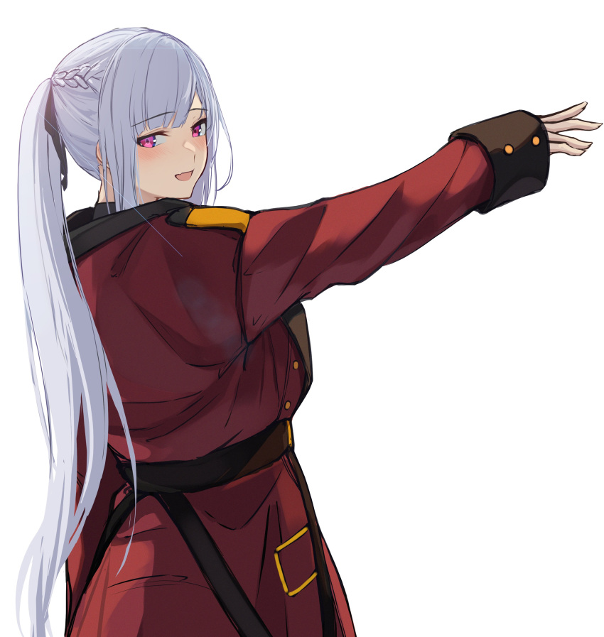 1girl 3_small_spiders absurdres ak-12_(girls'_frontline) artificial_eye braid coat french_braid from_behind girls'_frontline griffin_&amp;_kryuger_military_uniform hand_up highres long_hair open_mouth ponytail purple_eyes red_coat smile standing white_background
