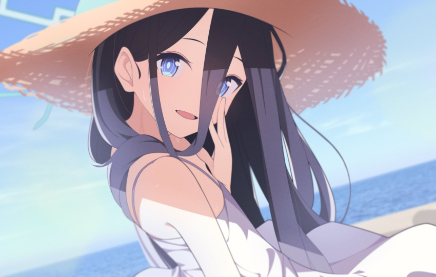 1girl arisu_(blue_archive) bangs black_hair blue_archive blue_eyes breasts day dress hair_between_eyes hand_on_own_face hat highres horizon long_bangs long_hair looking_at_viewer ocean open_mouth outdoors sky small_breasts straw_hat sukn_9765 sunlight sweat upper_body white_dress