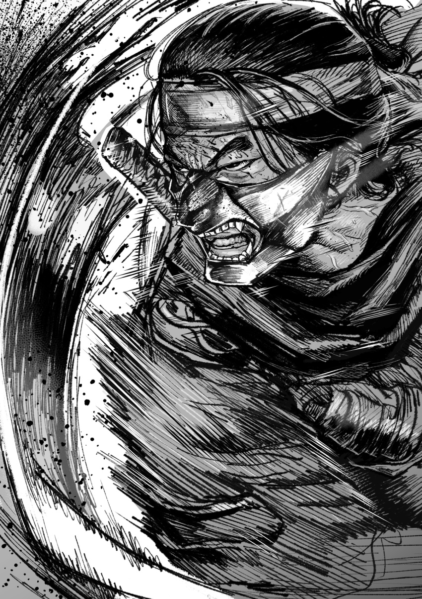 1boy clenched_teeth commentary_request furrowed_brow gesogeso ghost_of_tsushima greyscale headband highres katana male_focus mask monochrome mouth_mask ninja_mask sakai_jin scarf short_hair solo sword teeth veins weapon