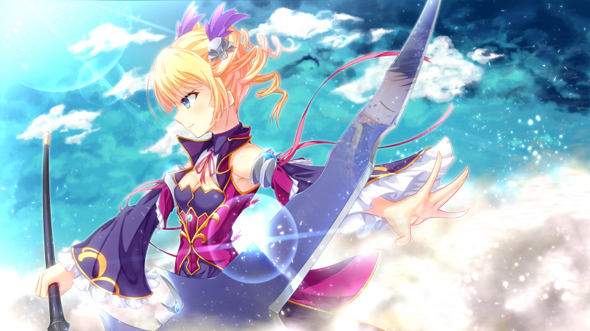 1girl absurdres arthur_ishii blonde_hair blue_eyes blush breasts cleavage closed_mouth cloud drill_hair dust from_side hair_ornament highres holding holding_scythe koihime_musou light_rays outdoors scythe shiny shiny_hair shiny_skin short_hair skull_hair_ornament sleeveless small_breasts smile solo sousou sunbeam sunlight