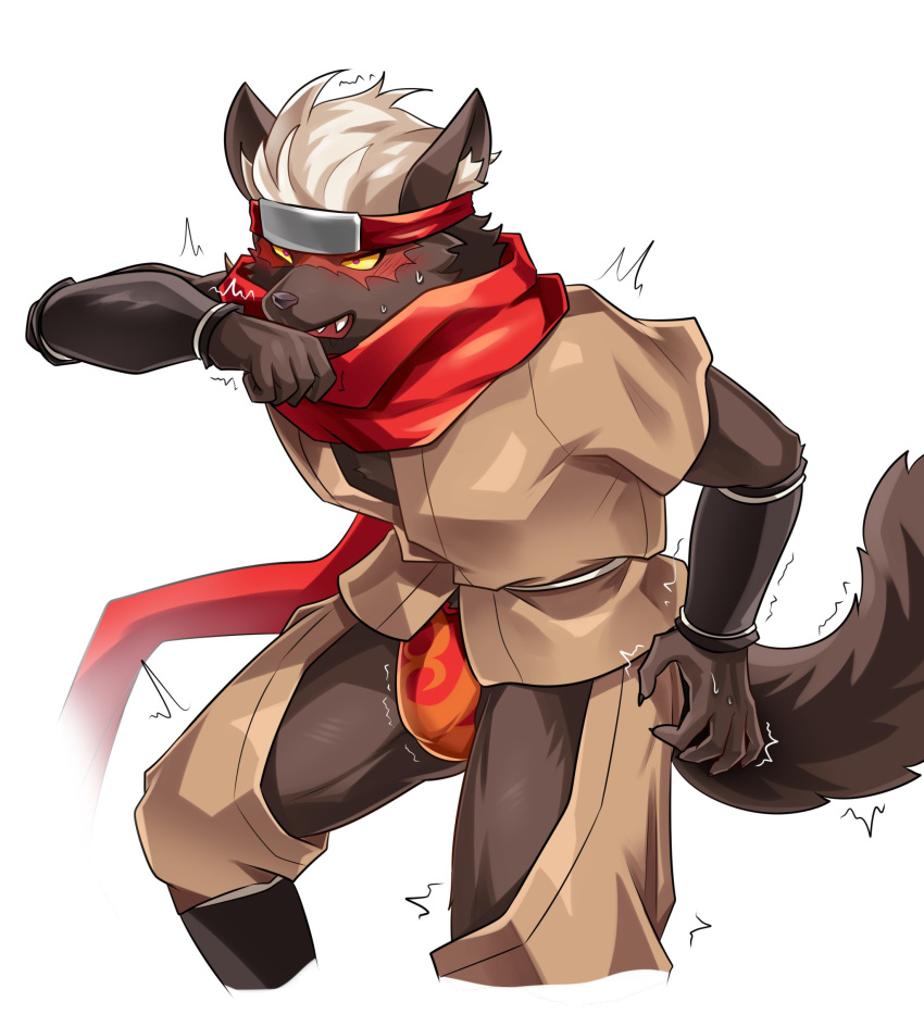 accessory anthro asian_clothing athletic athletic_anthro athletic_male black_body black_fur blush bulge canid canine canis clothing domestic_dog e_convenient east_asian_clothing fundoshi fur hair headband hi_res japanese_clothing lifewonders male mammal ninja scar scarf shuddering solo tadatomo tokyo_afterschool_summoners underwear video_games warrior white_hair