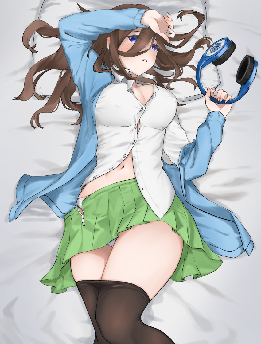 1girl absurdres arm_above_head bangs bed_sheet black_pantyhose blue_eyes blush breasts brown_hair cleavage clothes_pull covered_nipples eaz_(dcex5335) english_commentary go-toubun_no_hanayome green_skirt headphones highres holding holding_headphones long_hair looking_at_viewer lying nakano_miku navel on_back panties pantyhose pantyhose_pull parted_lips pillow shirt skirt solo underwear white_panties white_shirt