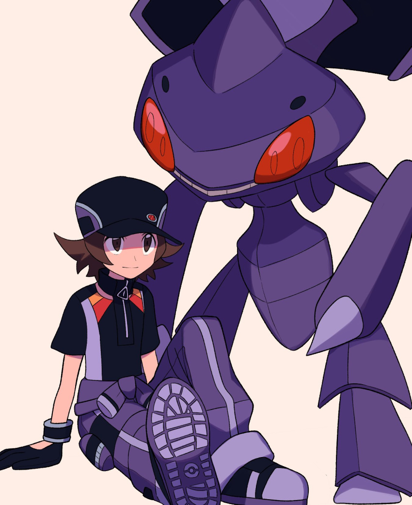 1boy black_footwear black_gloves black_headwear black_shirt brown_eyes brown_hair closed_mouth commentary_request genesect gloves hat highres hilbert_(pokemon) hilbert_(sygna_suit)_(pokemon) male_focus official_alternate_costume pants pokemon pokemon_(creature) pokemon_(game) pokemon_masters_ex purple_pants shirt shoes short_hair short_sleeves sitting smile tyako_089 wristband zipper_pull_tab