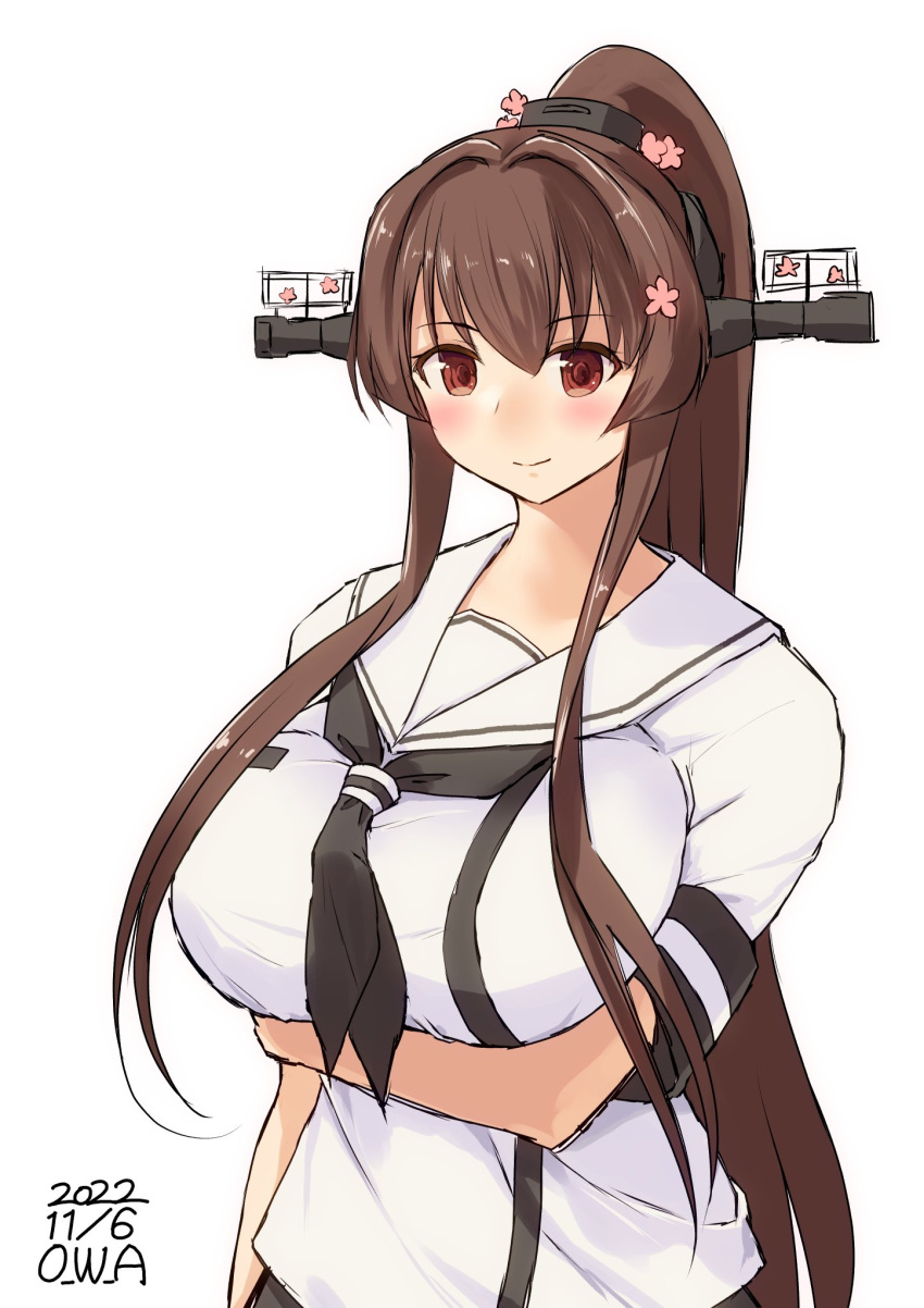 1girl artist_name breasts brown_hair cherry_blossoms commentary_request cosplay dated flower flower_knight_girl hair_flower hair_ornament headgear highres kantai_collection large_breasts long_hair one-hour_drawing_challenge owa_(ishtail) ponytail school_uniform serafuku simple_background solo upper_body white_background yamato_(kancolle)