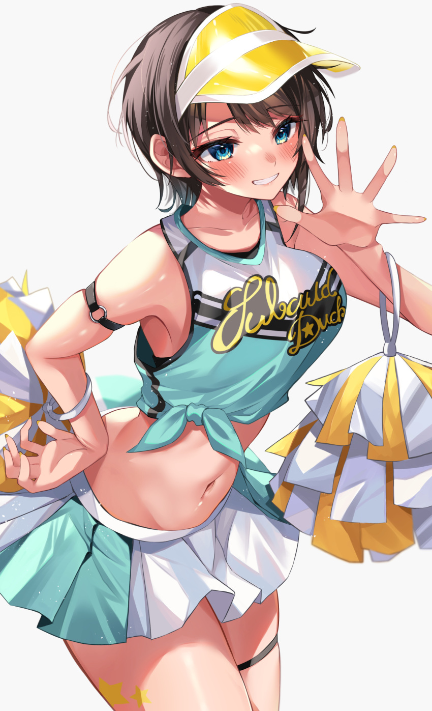 1girl armband blush breasts brown_hair cheerleader collarbone crop_top grin highres hololive looking_at_viewer medium_breasts miniskirt moonbell navel oozora_subaru pom_pom_(cheerleading) shirt simple_background skirt smile solo thigh_strap tied_shirt two-tone_skirt visor_cap waving white_background