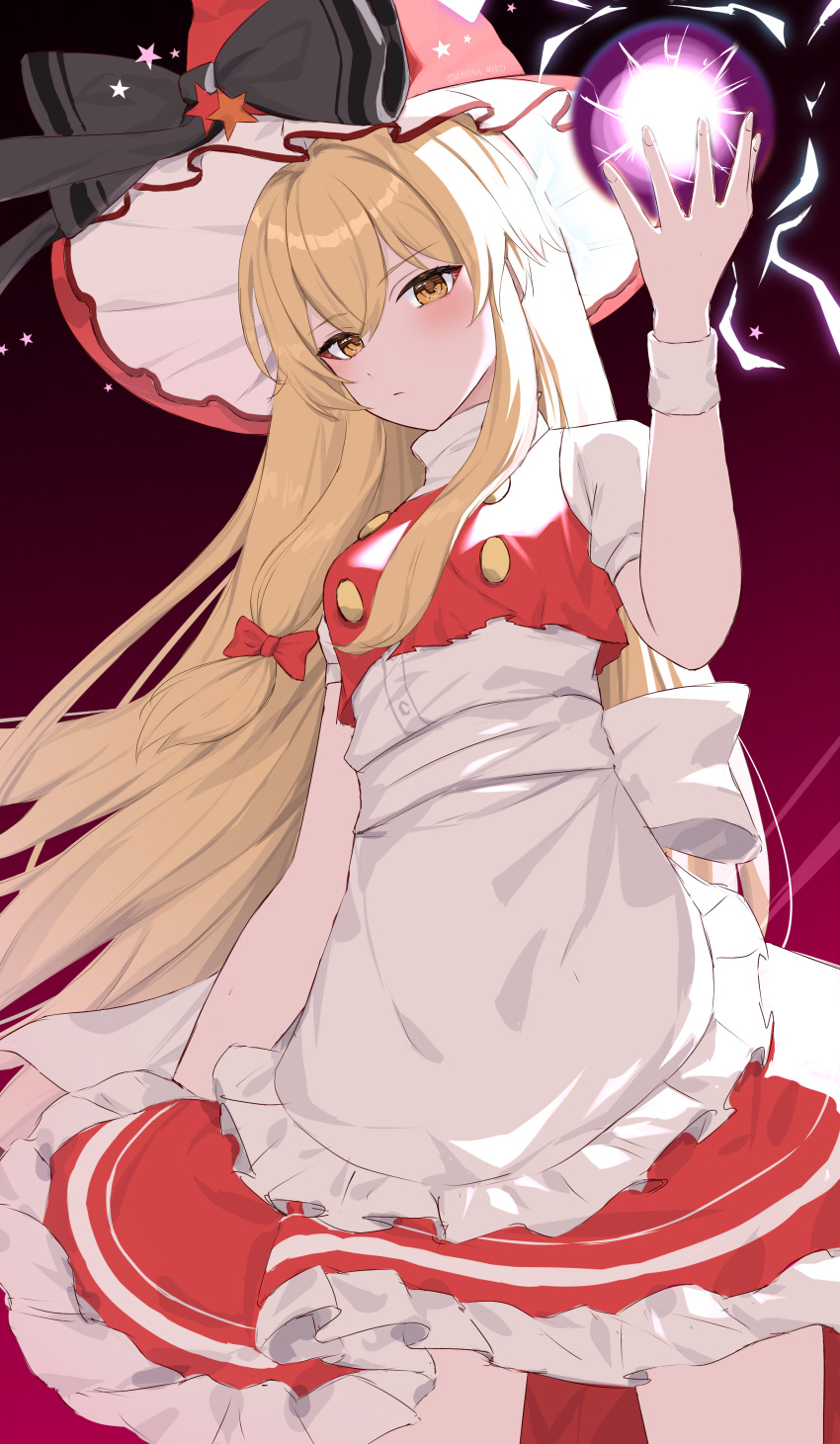 1girl absurdres anima_miko apron black_bow blonde_hair bow braid closed_mouth gradient gradient_background hair_bow hat hat_bow highres kirisame_marisa kirisame_marisa_(witch_of_scarlet_dreams) long_hair looking_at_viewer purple_background red_bow red_headwear side_braid solo standing star_(symbol) touhou touhou_lost_word white_apron yellow_eyes