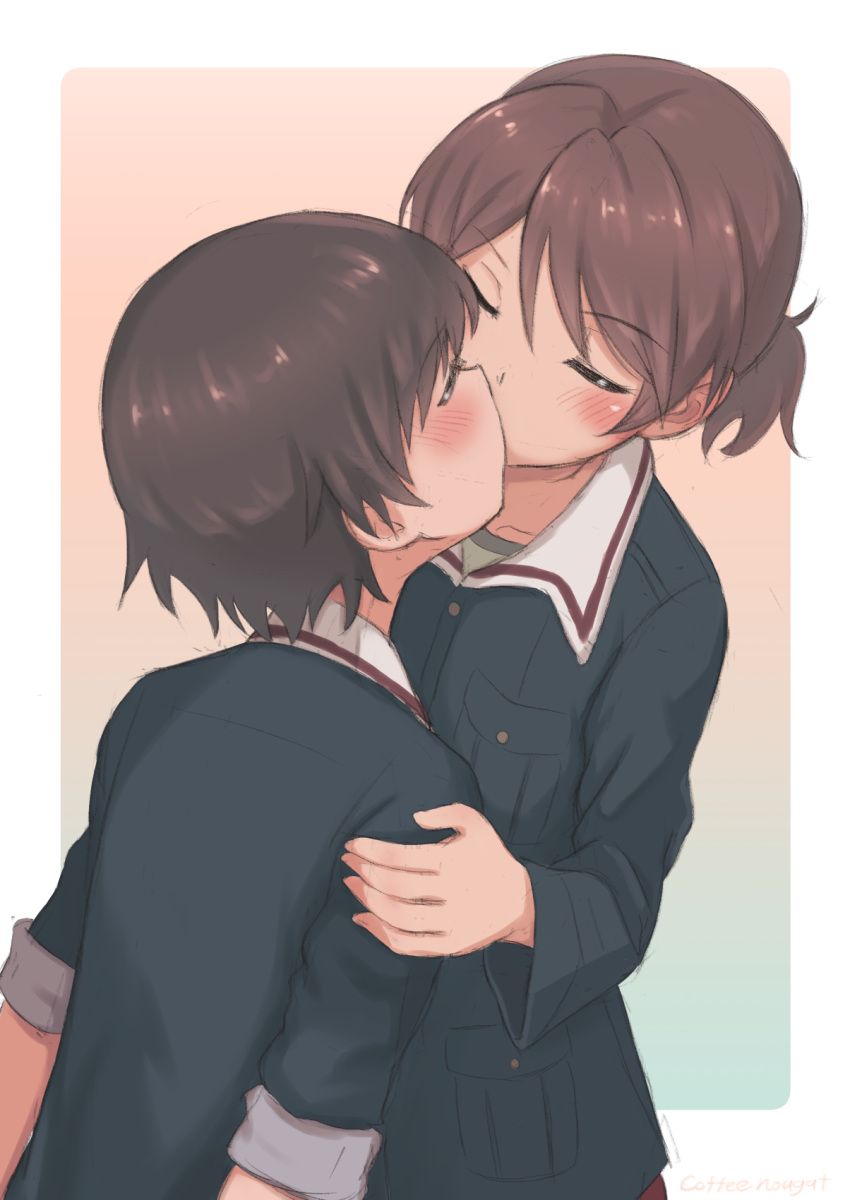 2girls blush border brown_hair closed_eyes coffeenougat_1985 collarbone girls_und_panzer gradient gradient_background hand_on_another's_shoulder highres isobe_noriko kawanishi_shinobu kiss military military_uniform multiple_girls ooarai_military_uniform ponytail shiny shiny_hair shiny_skin short_hair simple_background uniform white_border yuri