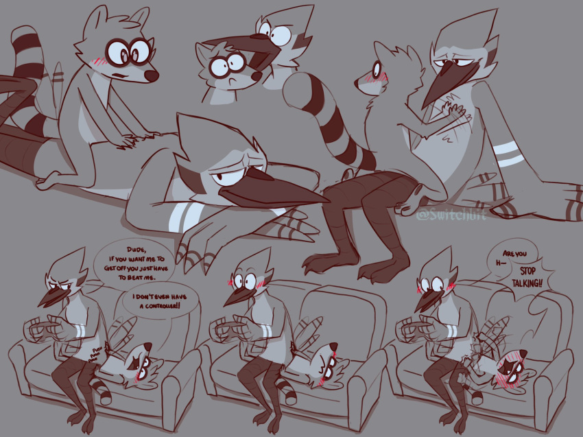 anthro avian bird blue_jay blush cartoon_network chest_tuft controller corvid duo embarrassed furniture game_controller hi_res jay_(bird) male male/male mammal massage monochrome mordecai_(regular_show) new_world_jay oscine passerine procyonid raccoon regular_show rigby_(regular_show) simple_background sofa switchbit tuft