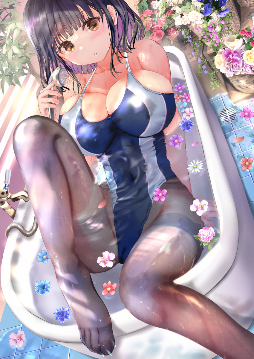 1girl bathtub black_hair black_pantyhose blinds blue_one-piece_swimsuit blush breasts commentary_request competition_swimsuit dutch_angle embarrassed feet flower highres large_breasts legs no_shoes nose_blush ogata_tei one-piece_swimsuit orange_eyes original pantyhose short_hair solo swimsuit thighband_pantyhose tile_floor tiles toenails toes water