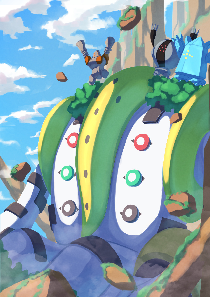 absurdres arms_up blue_sky cloud commentary_request day giant highres moss mountain no_humans on_shoulder outdoors pokemon pokemon_(creature) pokemon_on_shoulder regice regigigas regirock registeel ririri_(user_rkrv7838) sitting sky tree