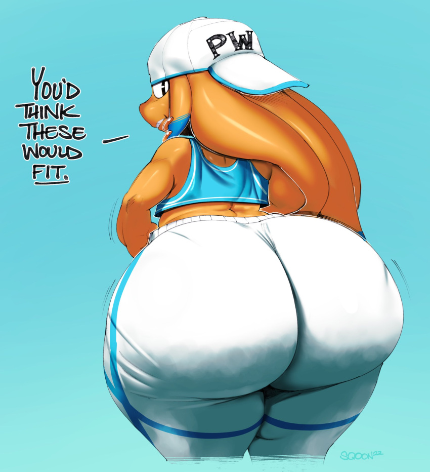 alien backwards_hat big_butt black_eyes bottomwear butt clothing english_text hat headgear headwear hi_res huge_butt humanoid looking_at_viewer looking_back lumi_(hevymin) male orange_body pants puwa shirt solo sqoon tank_top text thick_thighs topwear wide_hips