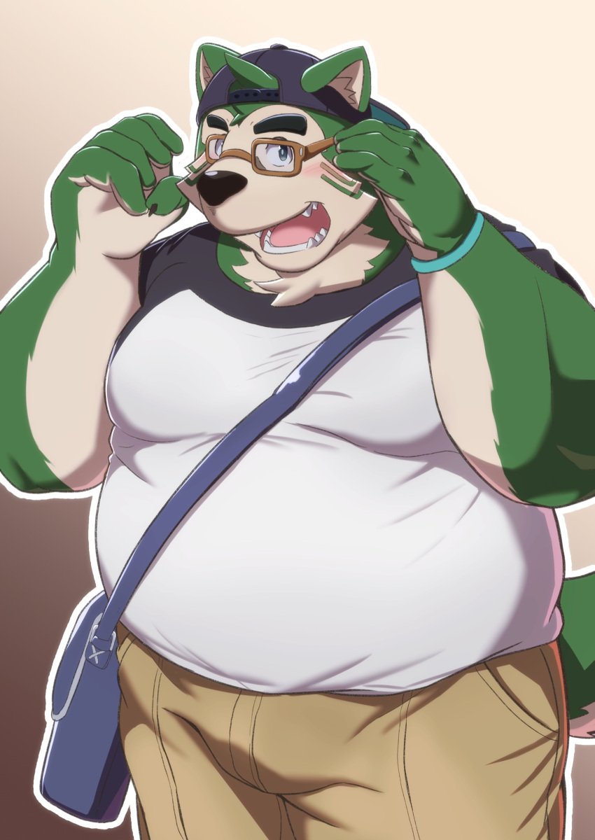 2022 anthro belly big_belly black_nose blush bottomwear canid canine canis clothing domestic_dog eyewear glasses green_body hat headgear headwear hi_res humanoid_hands kemono lifewonders live-a-hero male mammal mokdai nazebesu_hobby overweight overweight_male pants shirt solo topwear video_games