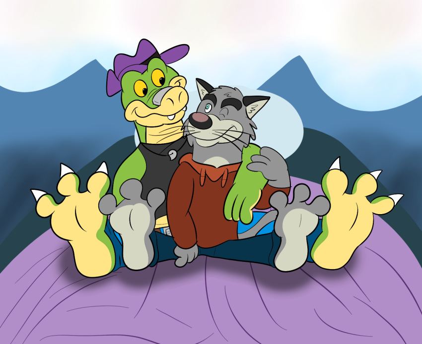 2022 3_toes alligator alligatorid anthro bed bottomwear brok_(character) brok_the_investigator clothing crocodilian domestic_cat duo embrace feet felid feline felis foot_fetish furniture graff_filsh green_body grey_body hat headgear headwear hi_res hoodie hud hug jolly_the_lizard jollyville mammal pants reptile scalie shirt sitting toes topwear video_games