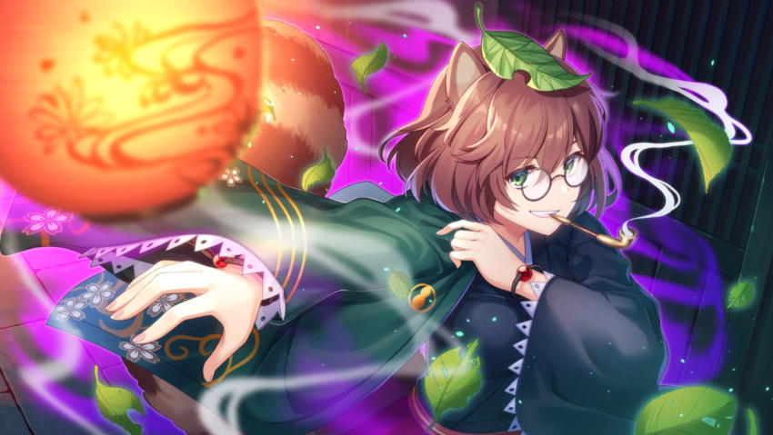 1girl :d animal_ears artist_request brown_hair futatsuiwa_mamizou glasses green_eyes green_kimono grin highres japanese_clothes kimono kiseru lantern leaf leaf_on_head long_sleeves looking_at_viewer official_art outstretched_arm paper_lantern raccoon_ears raccoon_girl raccoon_tail second-party_source short_hair smile smoke smoking smoking_pipe solo tail teeth tile_floor tiles touhou touhou_danmaku_kagura